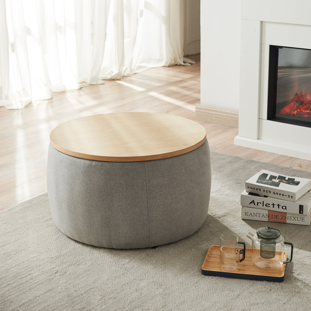 2 in 1 Round Storage Organizer and Foot Stool with Wooden Lid- Dark Grey