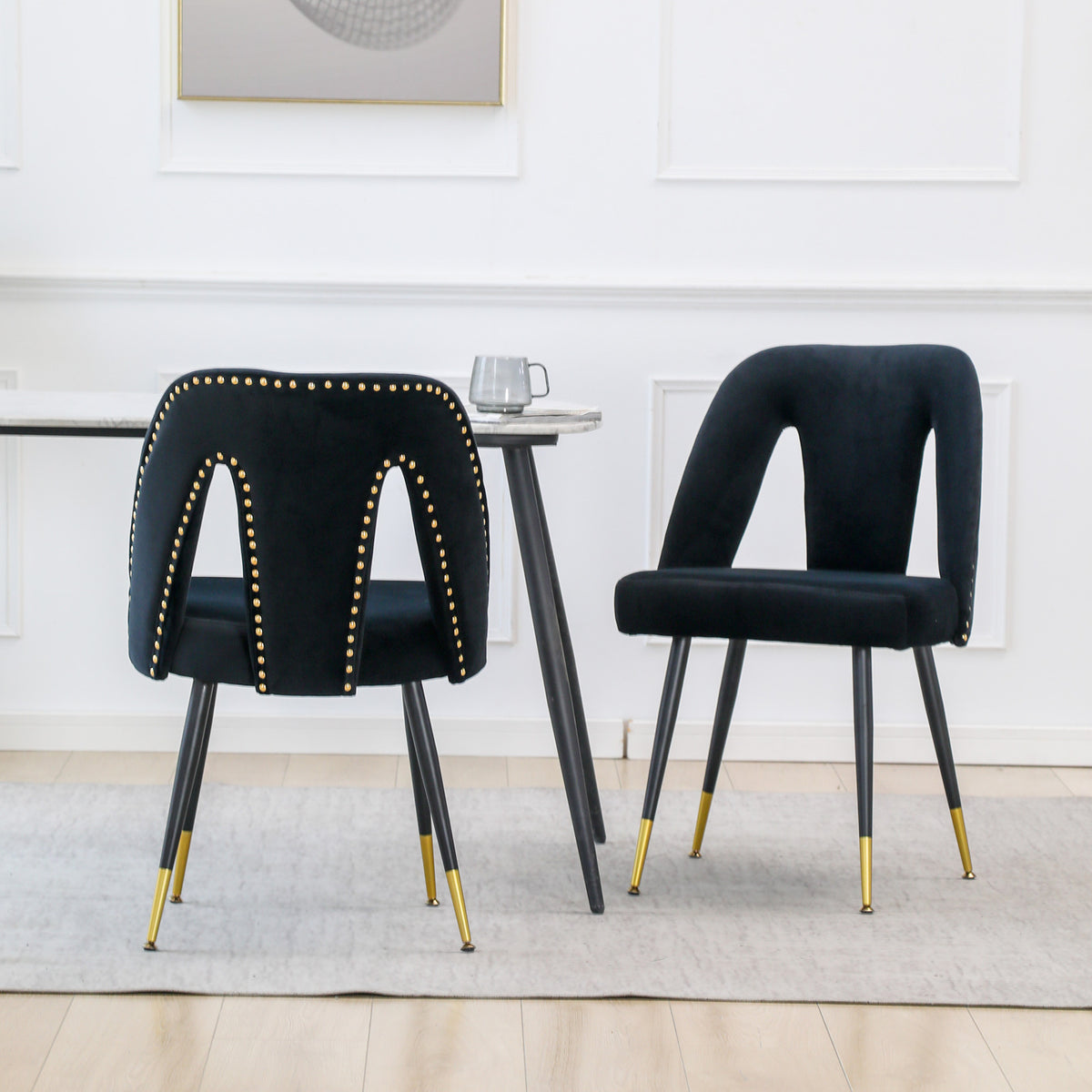 2 pcs Modern Contemporary Velvet Upholstered Dining Chair with Nailheads - Black