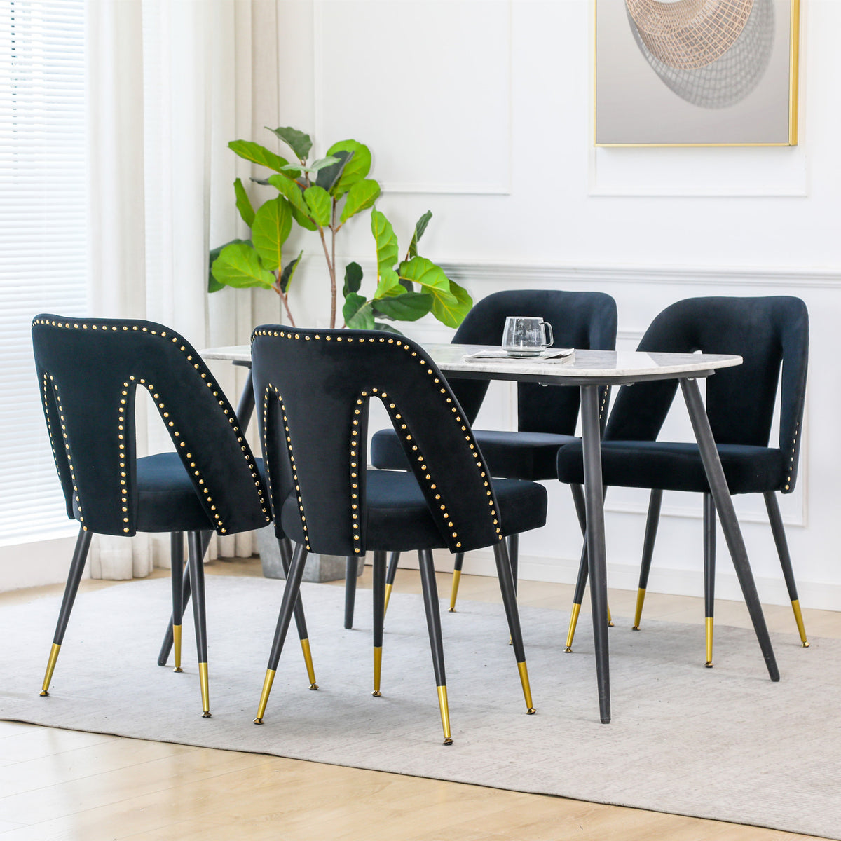 2 pcs Modern Contemporary Velvet Upholstered Dining Chair with Nailheads - Black