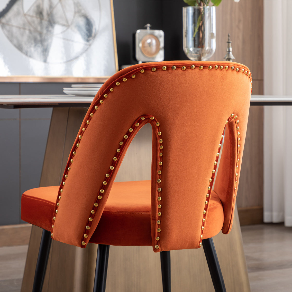 2 pcs Modern Contemporary Velvet Upholstered Dining Chair with Nailheads - Orange