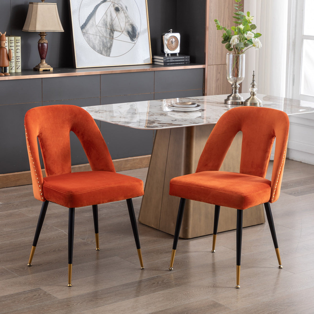 2 pcs Modern Contemporary Velvet Upholstered Dining Chair with Nailheads - Orange
