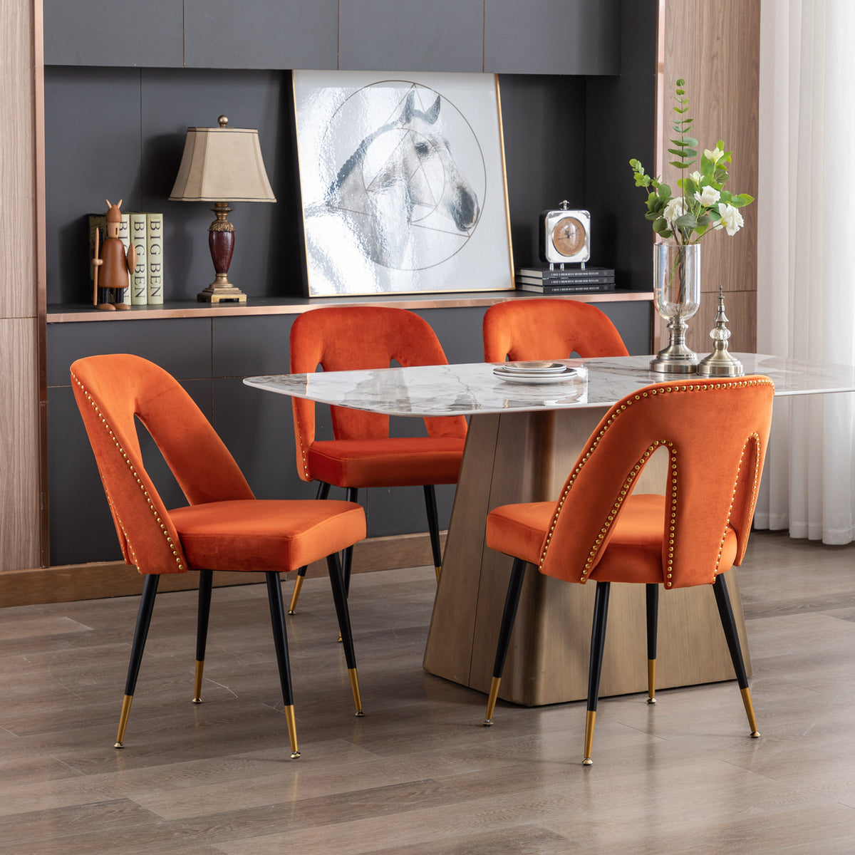 2 pcs Modern Contemporary Velvet Upholstered Dining Chair with Nailheads - Orange