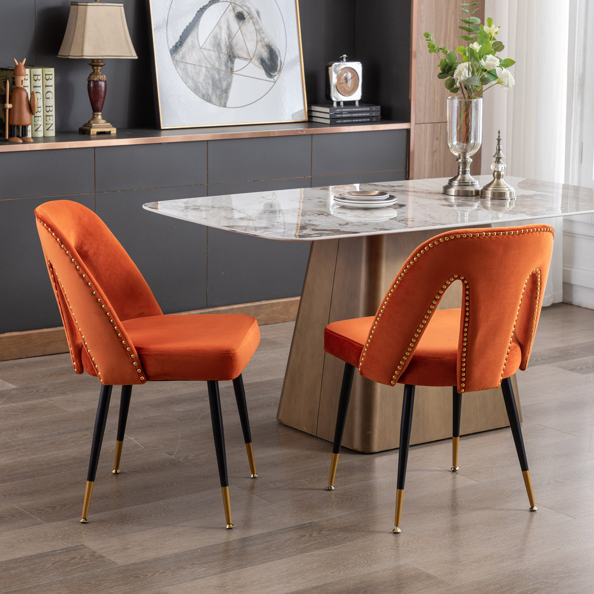 2 pcs Modern Contemporary Velvet Upholstered Dining Chair with Nailheads - Orange