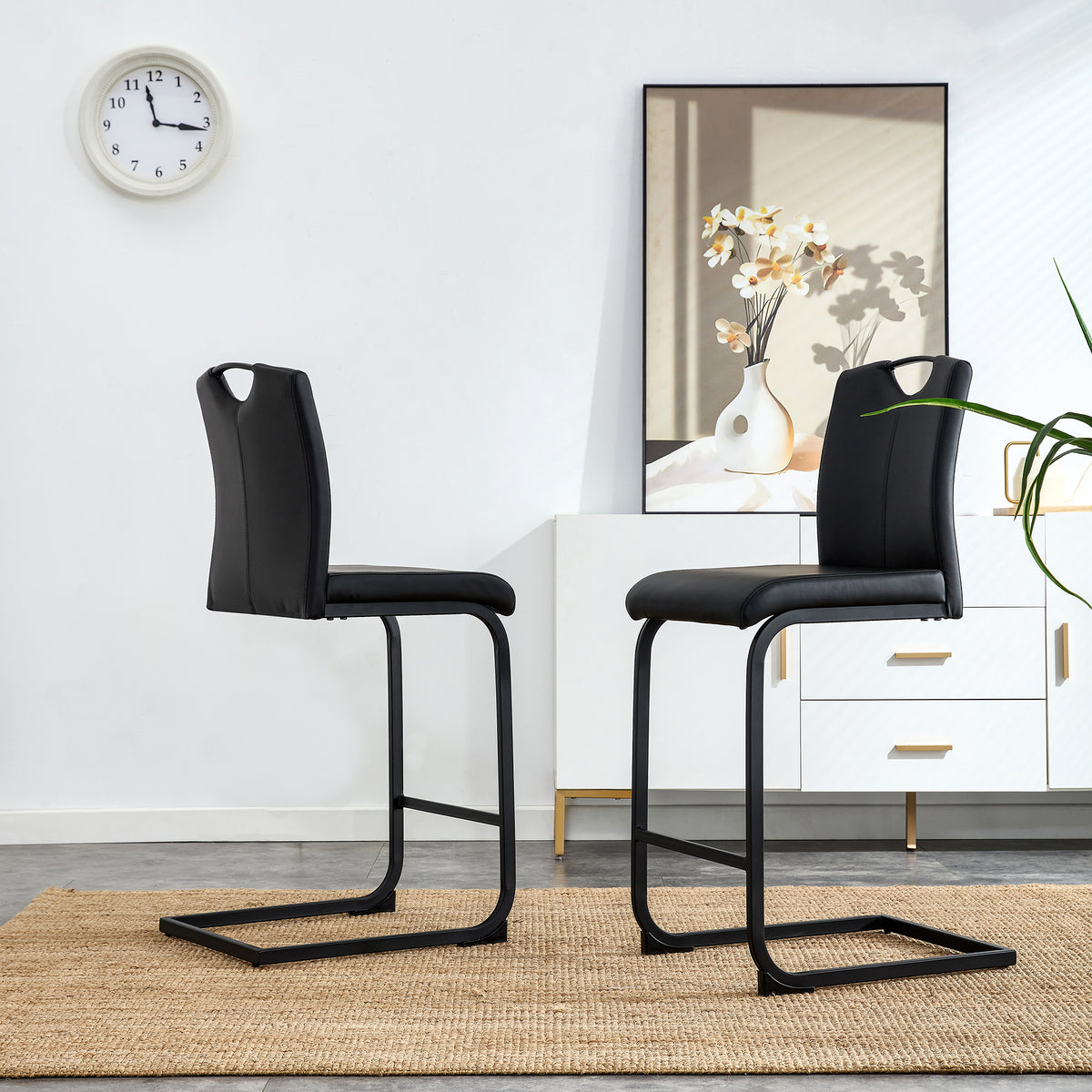 Set of 2 PU Faux Leather Upholstered High Bar Stool Chair with Back Rest- Black