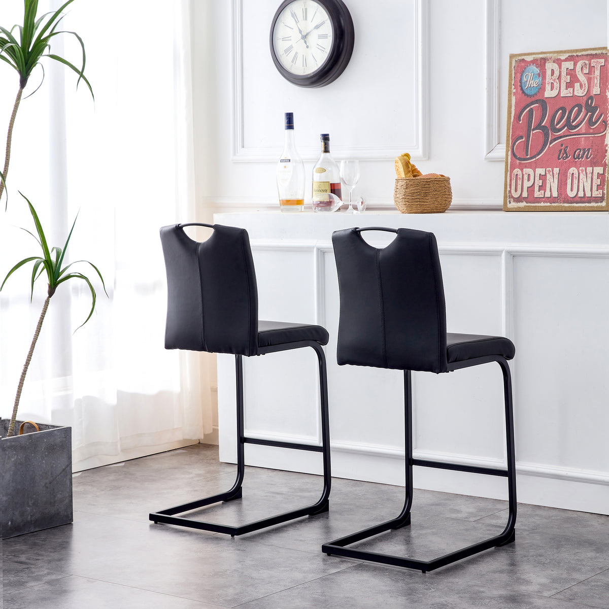 Set of 2 PU Faux Leather Upholstered High Bar Stool Chair with Back Rest- Black