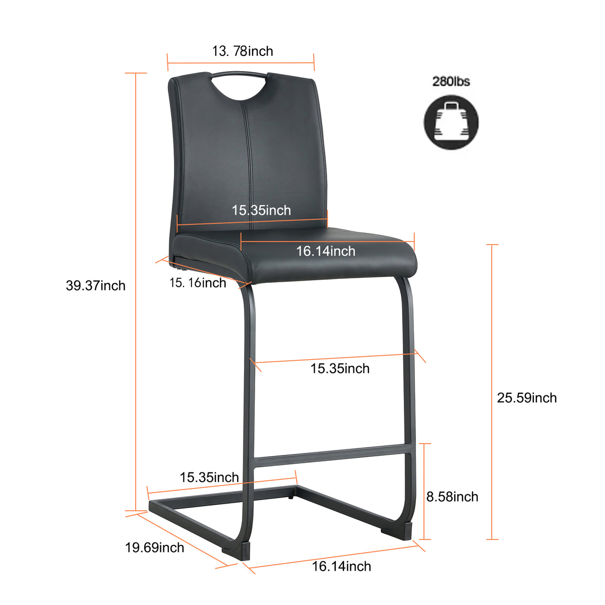 Set of 2 PU Faux Leather Upholstered High Bar Stool Chair with Back Rest- Black