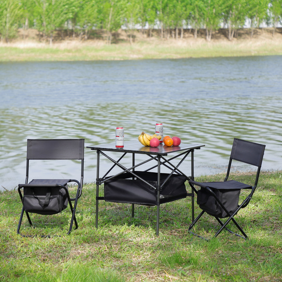 Set of 3 Outdoor Camping Fishing Hiking Dining Chairs and Table - Black+Gray