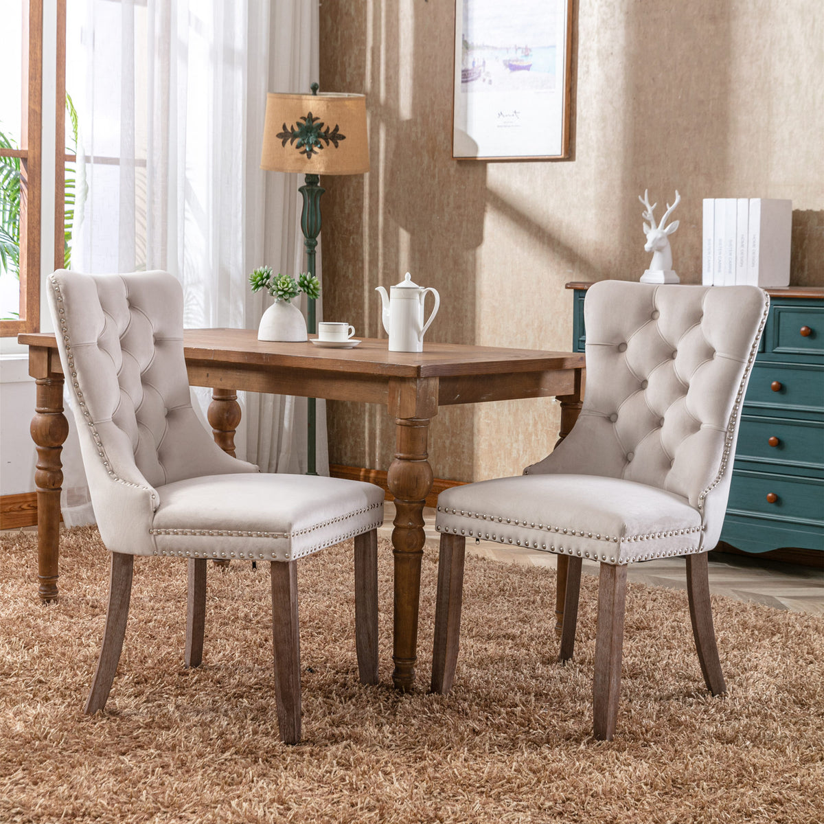 2 pcs High-End Tufted Contemporary Velvet Chair with Wooden Legs- Beige