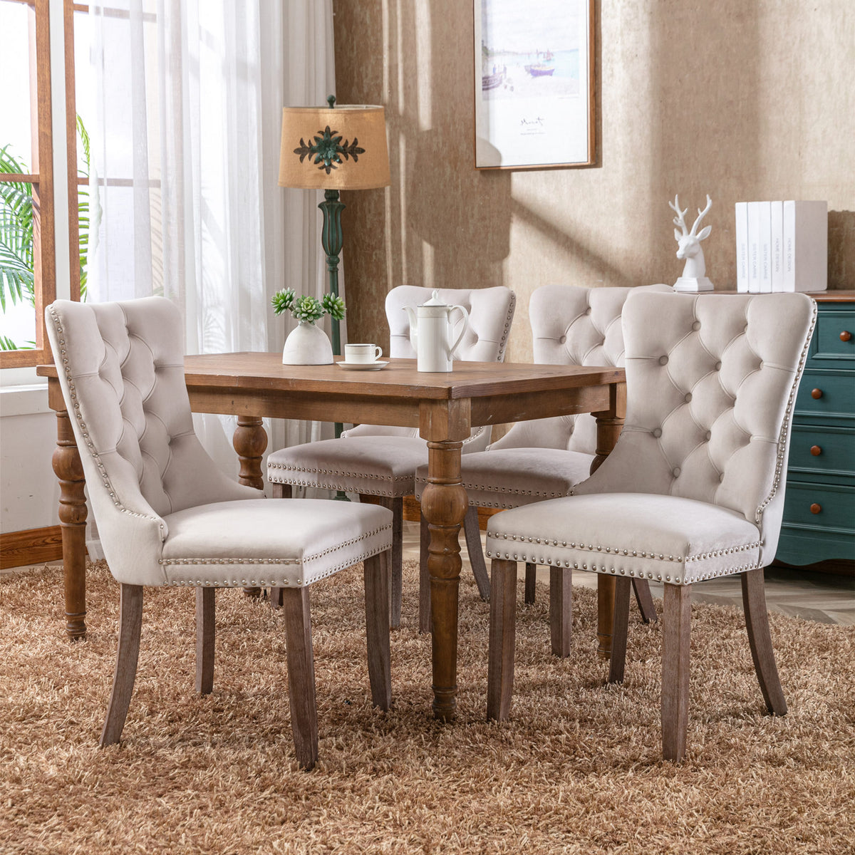 2 pcs High-End Tufted Contemporary Velvet Chair with Wooden Legs- Beige