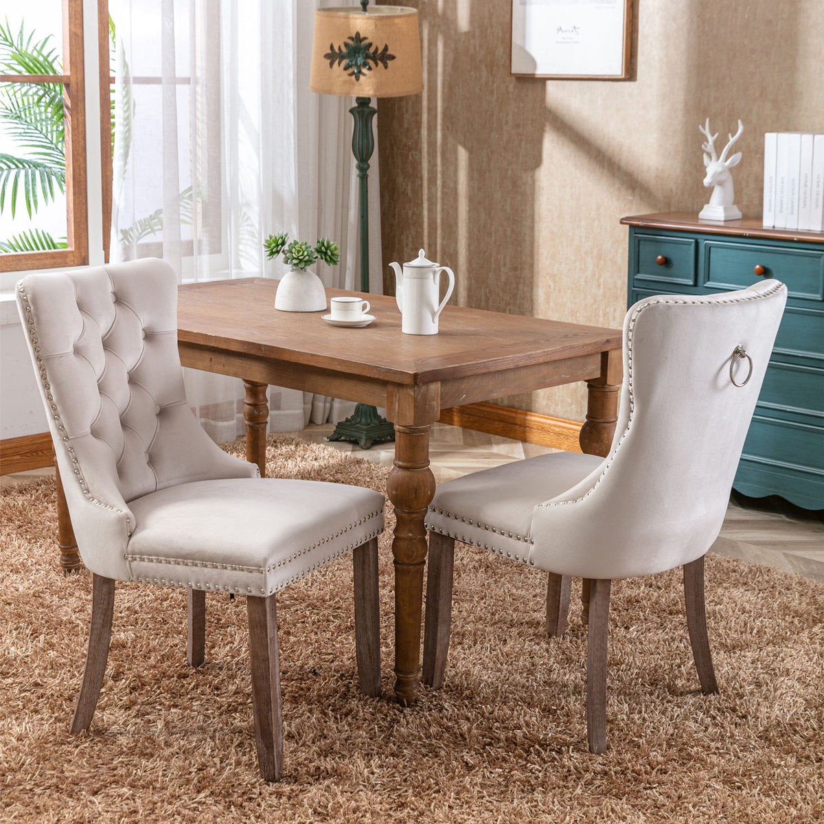 2 pcs High-End Tufted Contemporary Velvet Chair with Wooden Legs- Beige