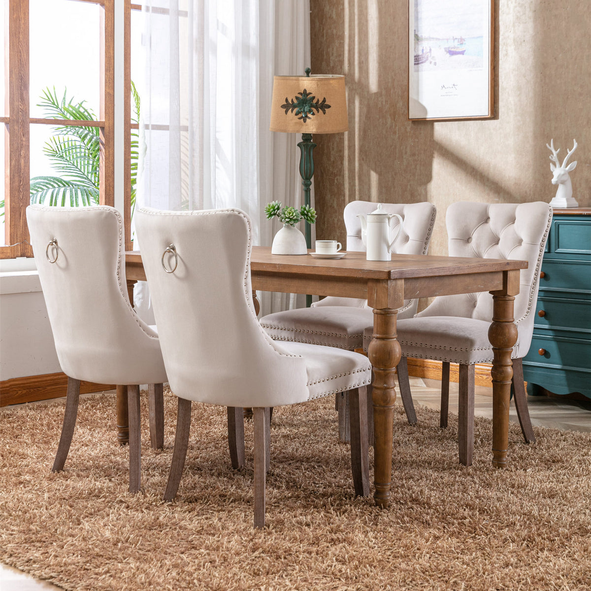 2 pcs High-End Tufted Contemporary Velvet Chair with Wooden Legs- Beige