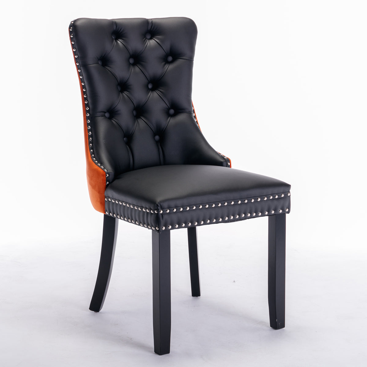 2 pcs High-End Tufted Modern Contemporary Leather Chair with Wooden Legs- Black+Orange