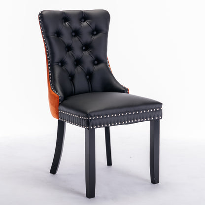 2 pcs High-End Tufted Modern Contemporary Leather Chair with Wooden Legs- Black+Orange