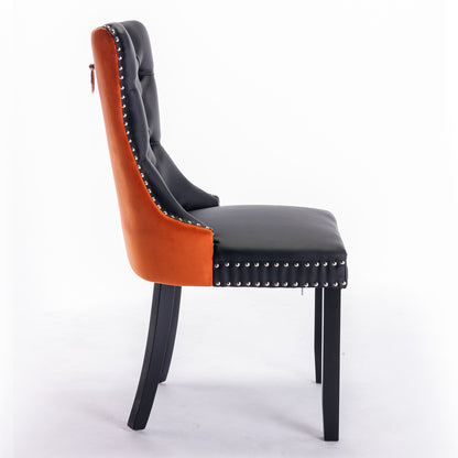 2 pcs High-End Tufted Modern Contemporary Leather Chair with Wooden Legs- Black+Orange
