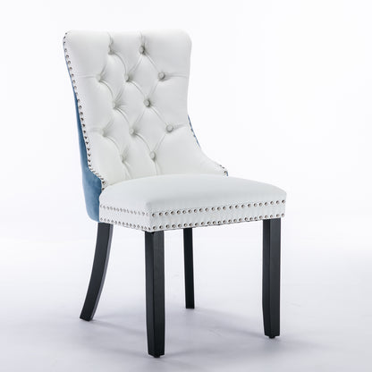 2 pcs High-End Tufted Modern Contemporary Leather Chair with Wooden Legs- Blue+White