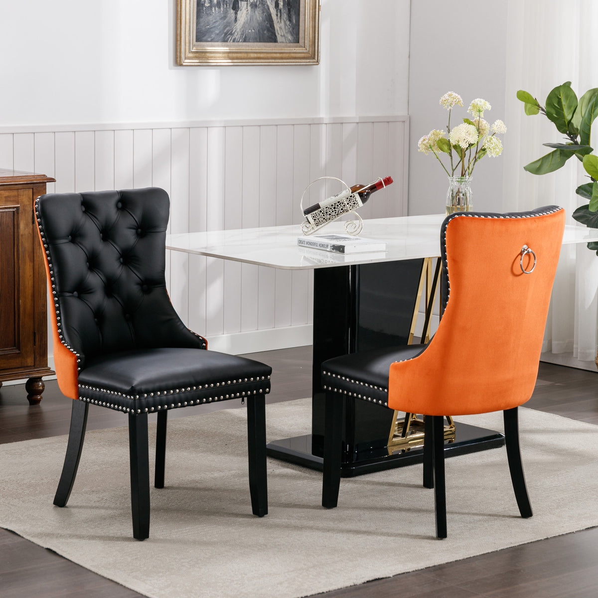 2 pcs High-End Tufted Modern Contemporary Leather Chair with Wooden Legs- Black+Orange