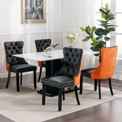 2 pcs High-End Tufted Modern Contemporary Leather Chair with Wooden Legs- Black+Orange