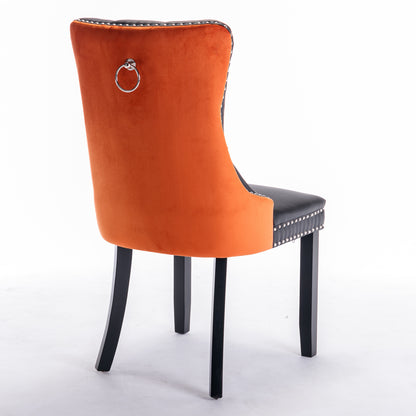 2 pcs High-End Tufted Modern Contemporary Leather Chair with Wooden Legs- Black+Orange