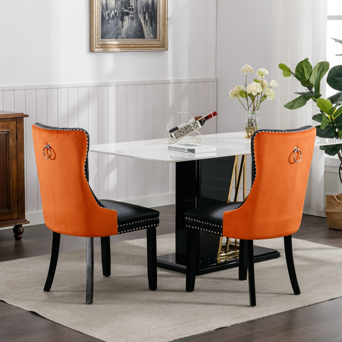 2 pcs High-End Tufted Modern Contemporary Leather Chair with Wooden Legs- Black+Orange