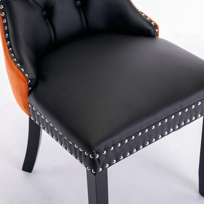 2 pcs High-End Tufted Modern Contemporary Leather Chair with Wooden Legs- Black+Orange