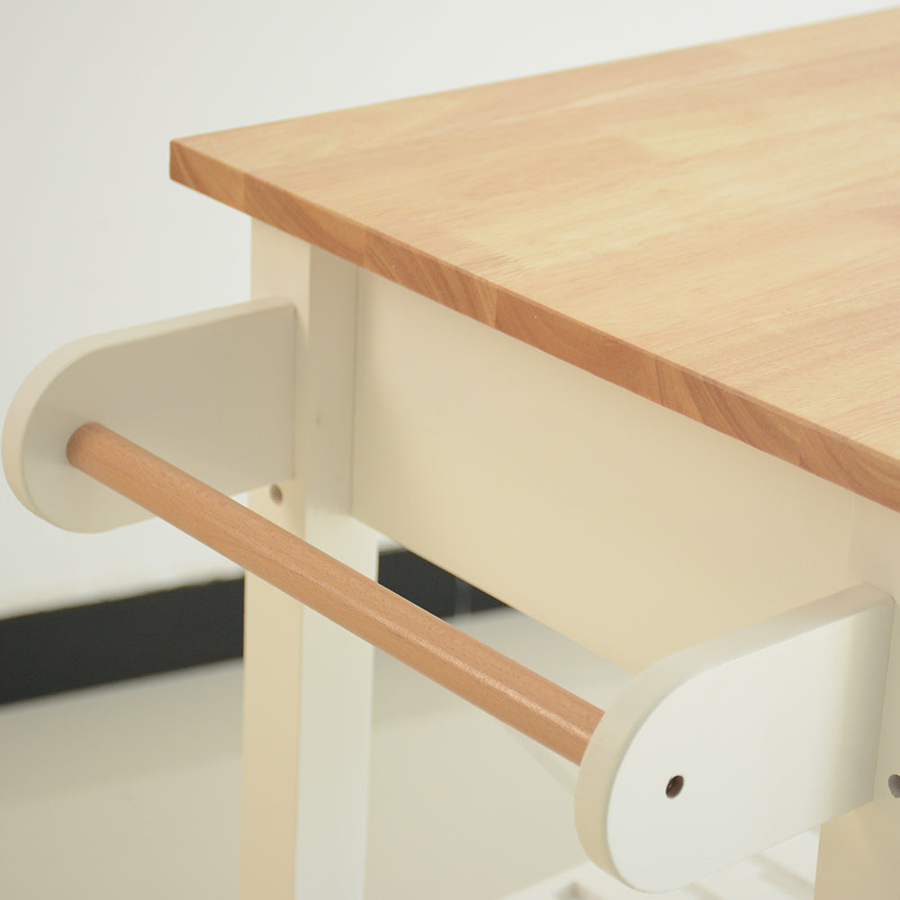 Rubber Wood Top Simple Design Mobile Kitchen Island with Two Lockable Wheels- White