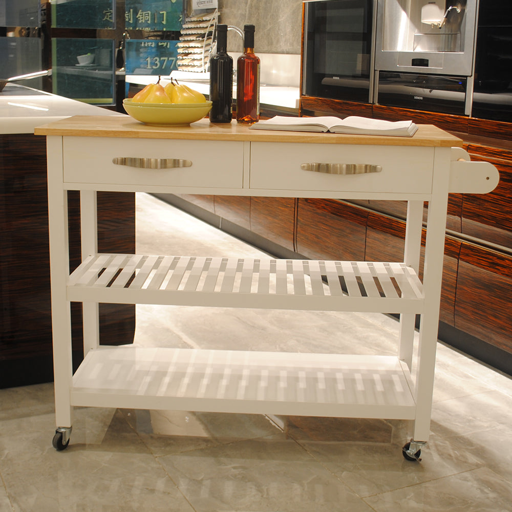 Rubber Wood Top Simple Design Mobile Kitchen Island with Two Lockable Wheels- White