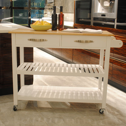 Rubber Wood Top Simple Design Mobile Kitchen Island with Two Lockable Wheels- White