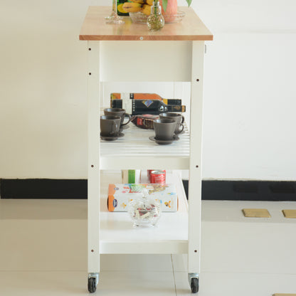 Rubber Wood Top Simple Design Mobile Kitchen Island with Two Lockable Wheels- White