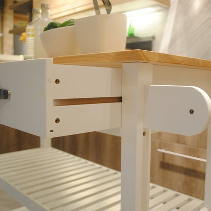Rubber Wood Top Simple Design Mobile Kitchen Island with Two Lockable Wheels- White