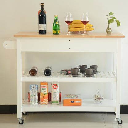 Rubber Wood Top Simple Design Mobile Kitchen Island with Two Lockable Wheels- White