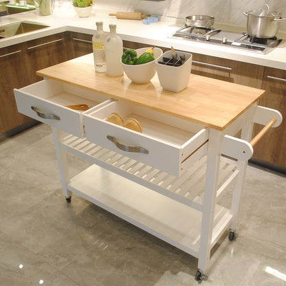 Rubber Wood Top Simple Design Mobile Kitchen Island with Two Lockable Wheels- White