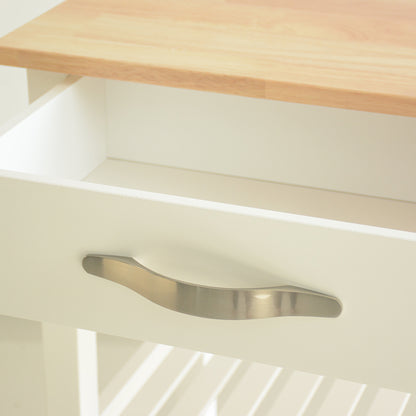 Rubber Wood Top Simple Design Mobile Kitchen Island with Two Lockable Wheels- White