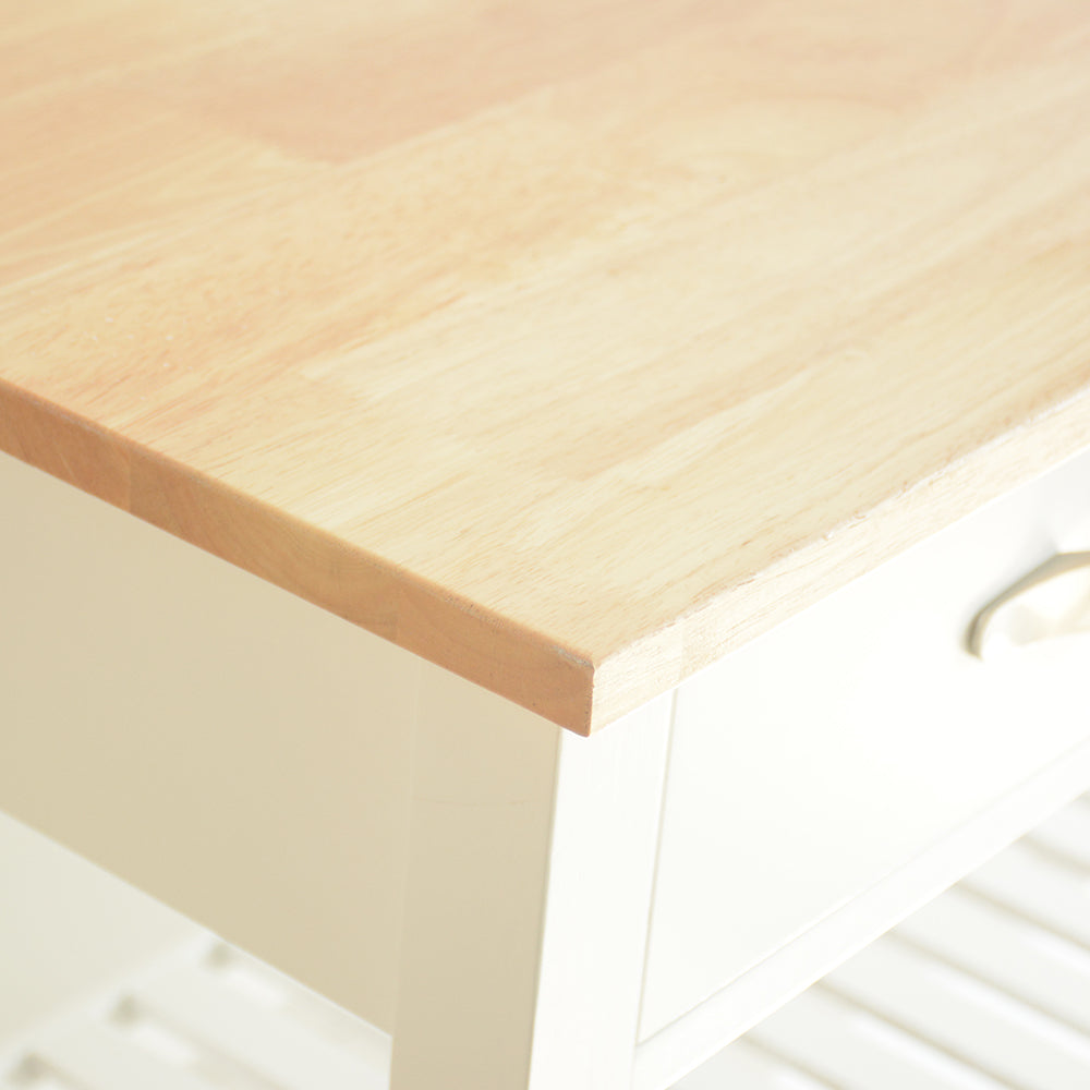 Rubber Wood Top Simple Design Mobile Kitchen Island with Two Lockable Wheels- White