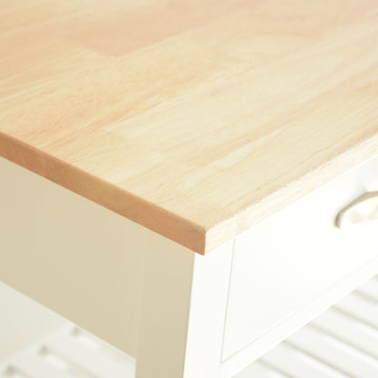 Rubber Wood Top Simple Design Mobile Kitchen Island with Two Lockable Wheels- White