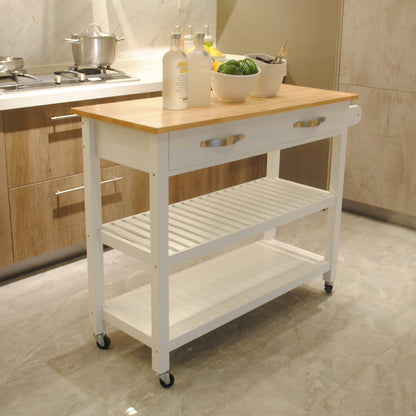 Rubber Wood Top Simple Design Mobile Kitchen Island with Two Lockable Wheels- White