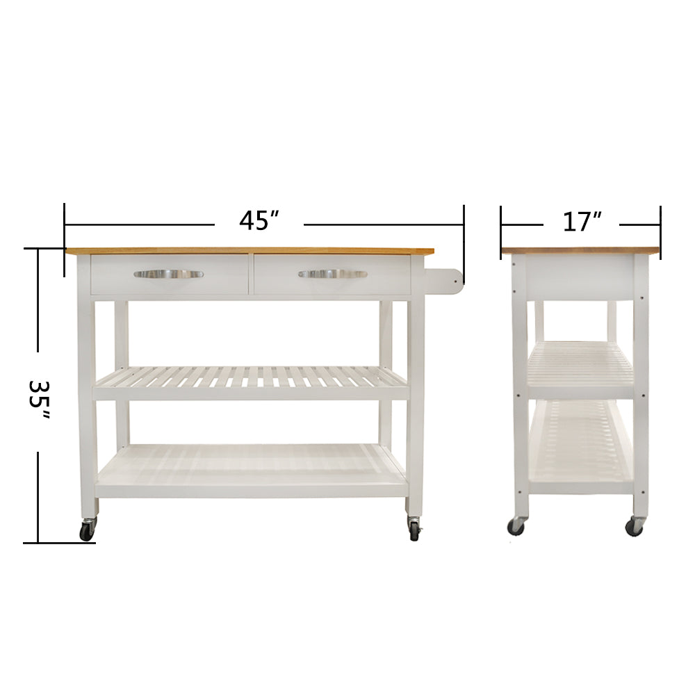 Rubber Wood Top Simple Design Mobile Kitchen Island with Two Lockable Wheels- White