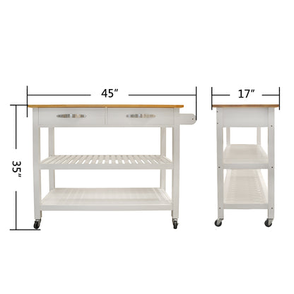 Rubber Wood Top Simple Design Mobile Kitchen Island with Two Lockable Wheels- White