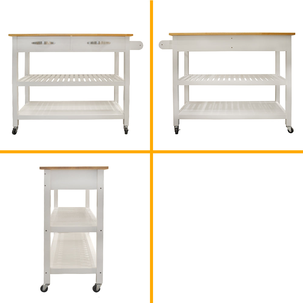 Rubber Wood Top Simple Design Mobile Kitchen Island with Two Lockable Wheels- White