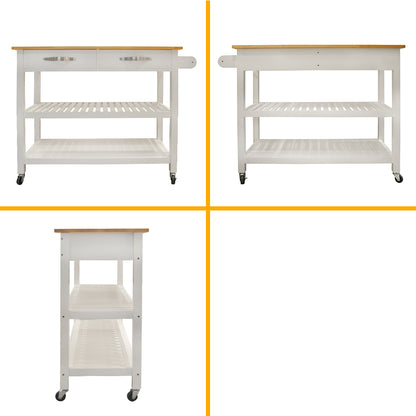 Rubber Wood Top Simple Design Mobile Kitchen Island with Two Lockable Wheels- White