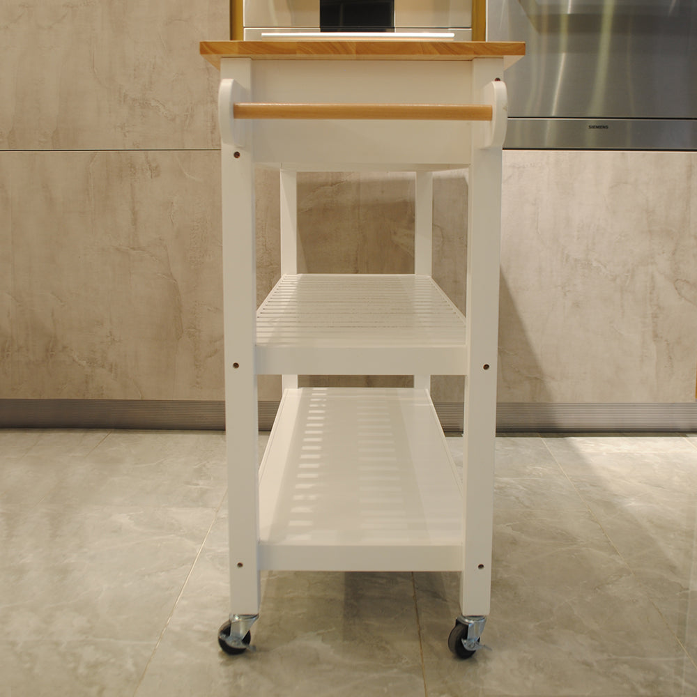 Rubber Wood Top Simple Design Mobile Kitchen Island with Two Lockable Wheels- White