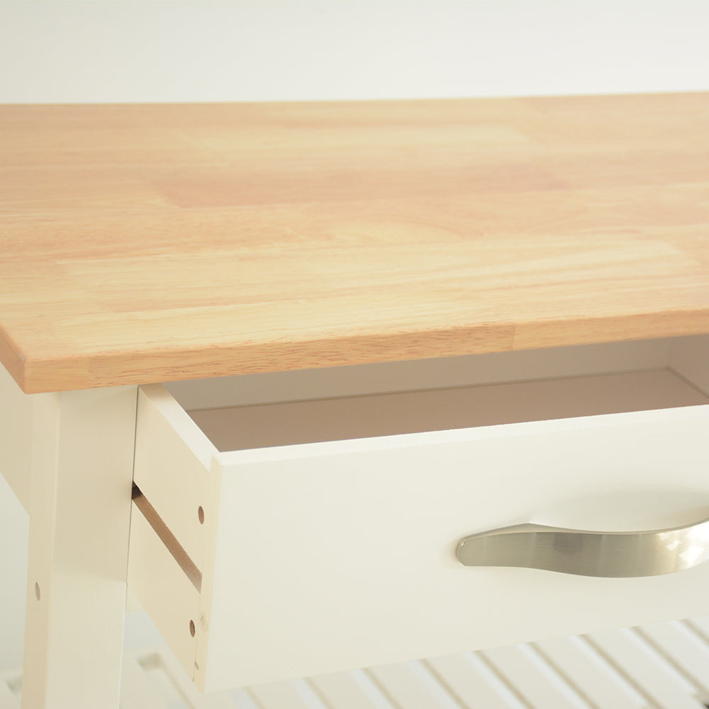 Rubber Wood Top Simple Design Mobile Kitchen Island with Two Lockable Wheels- White
