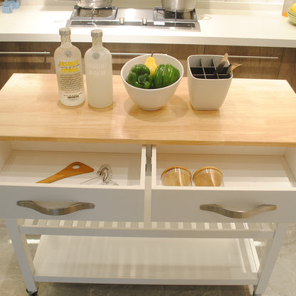 Rubber Wood Top Simple Design Mobile Kitchen Island with Two Lockable Wheels- White