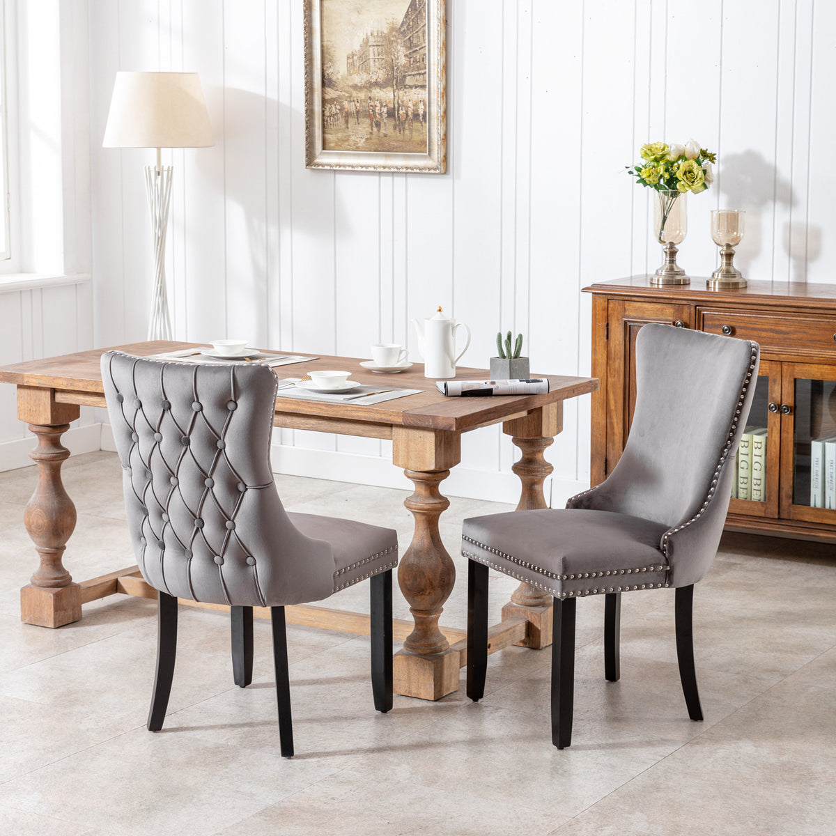 2 pcs High-End Wing Back Tufted Modern Contemporary Velvet Chair with Wooden Legs- Gray