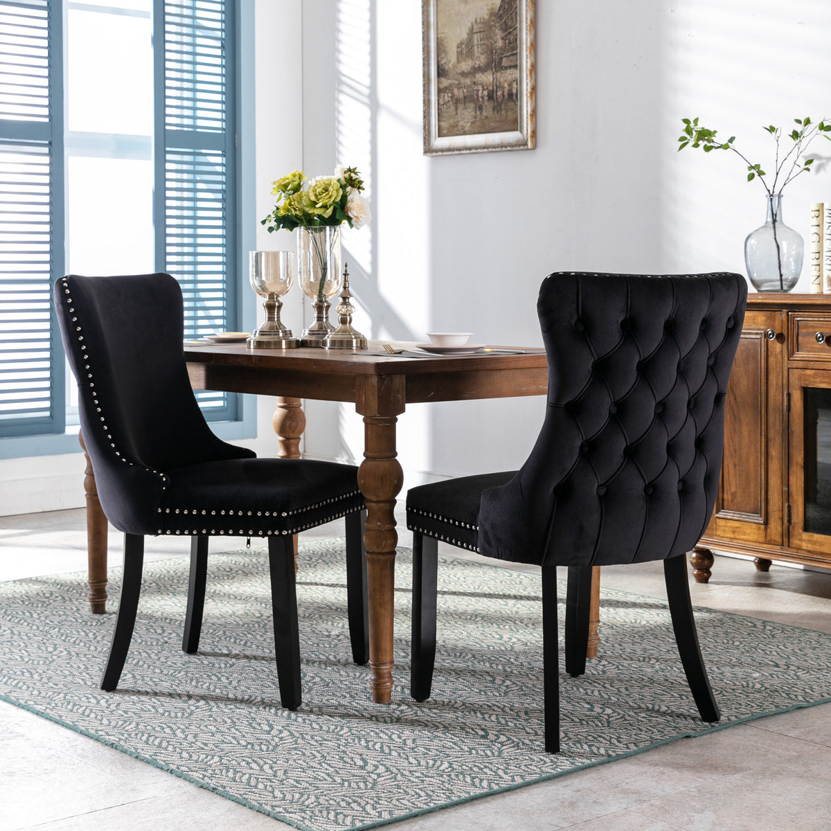 2 pcs High-End Wing Back Tufted Modern Contemporary Velvet Chair with Wooden Legs- Black