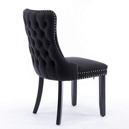2 pcs High-End Wing Back Tufted Modern Contemporary Velvet Chair with Wooden Legs- Black