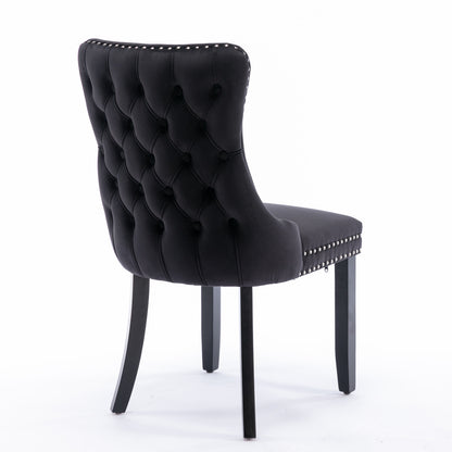 2 pcs High-End Wing Back Tufted Modern Contemporary Velvet Chair with Wooden Legs- Black