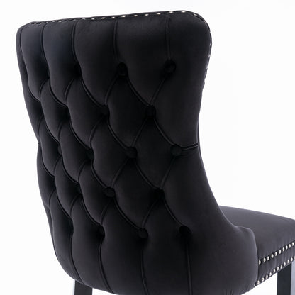 2 pcs High-End Wing Back Tufted Modern Contemporary Velvet Chair with Wooden Legs- Black
