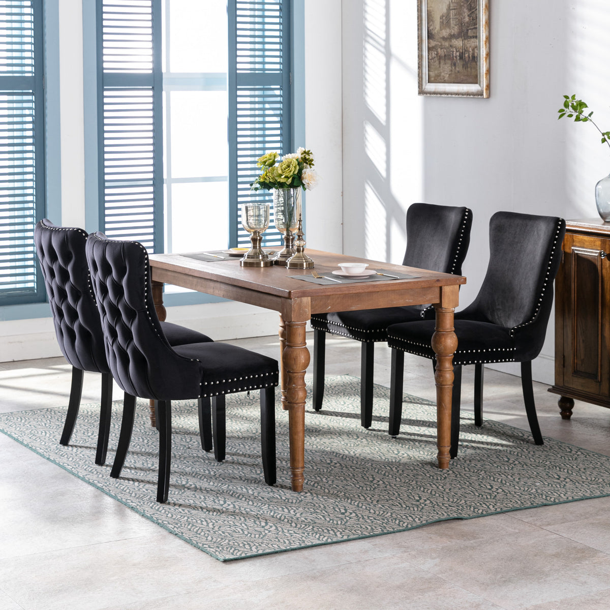 2 pcs High-End Wing Back Tufted Modern Contemporary Velvet Chair with Wooden Legs- Black