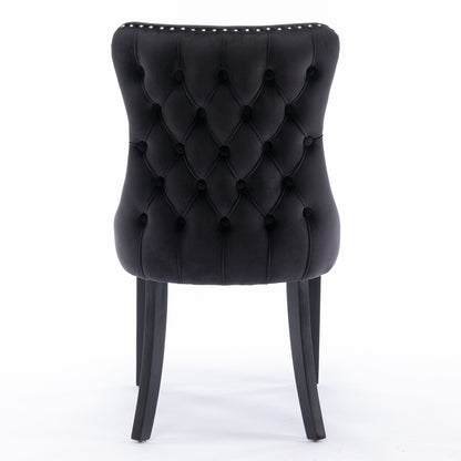 2 pcs High-End Wing Back Tufted Modern Contemporary Velvet Chair with Wooden Legs- Black
