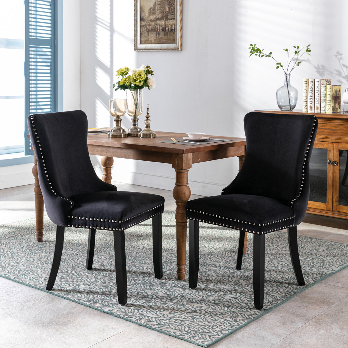 2 pcs High-End Wing Back Tufted Modern Contemporary Velvet Chair with Wooden Legs- Black